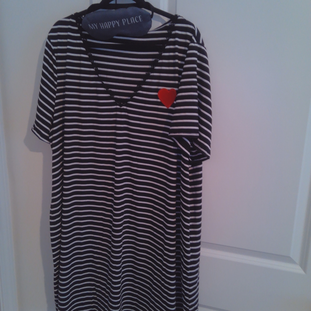 black-and-white striped robe with red heart detail and ‘My Happy Place’ slee